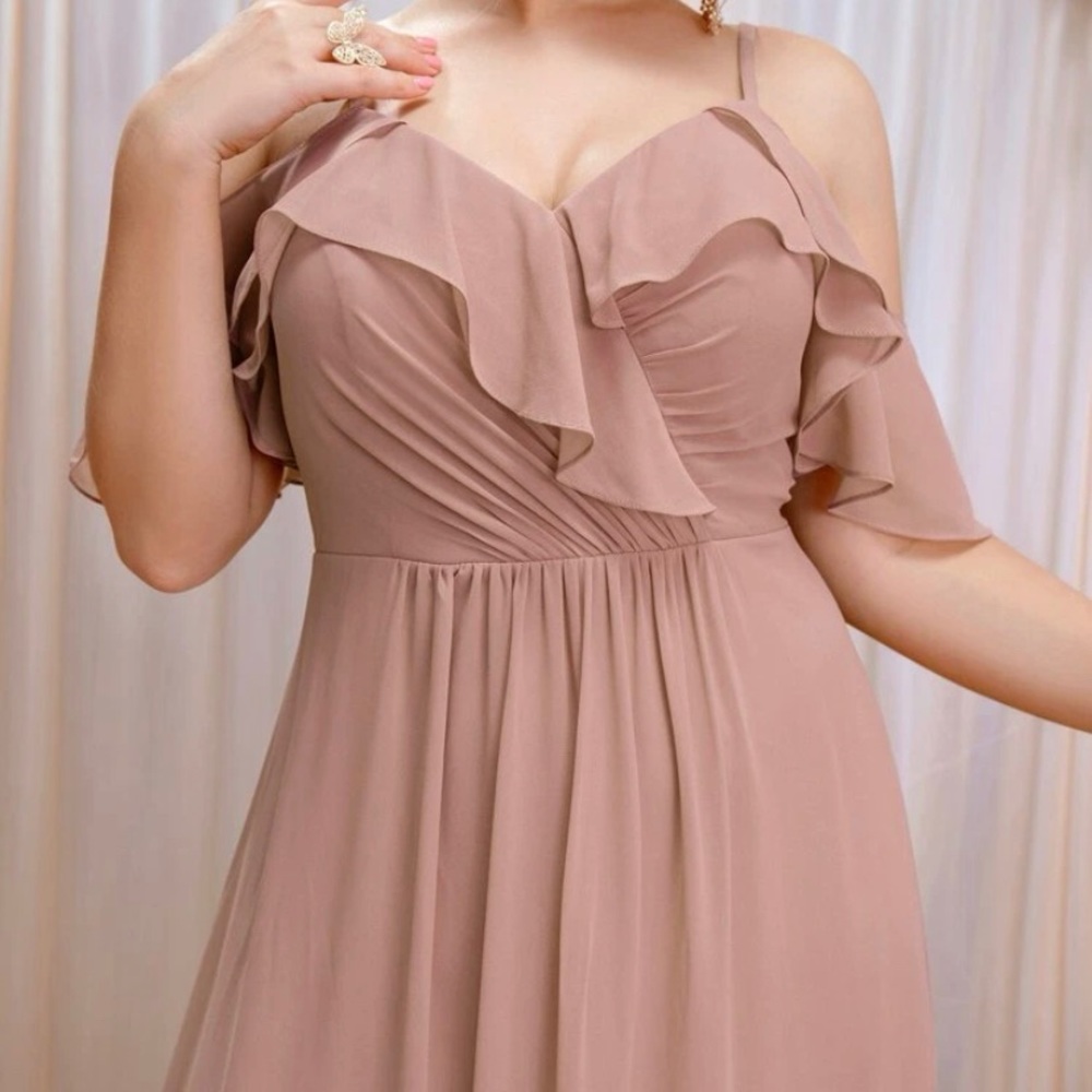 Light Pink Cold shoulder Ruffle Trim Chiffon Maxi Bridesmaid Dress